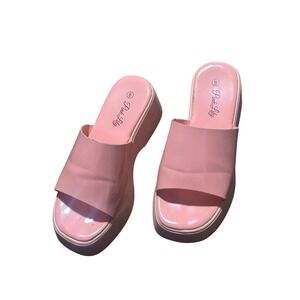 Pink Lily Women Pink Patent Platform Slide Sandals Chunky Wedge Heels Size 6